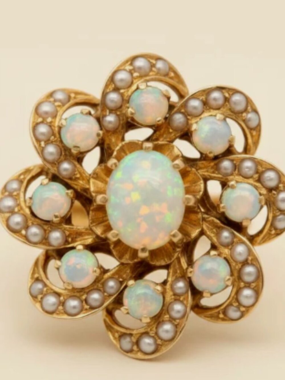 14K Rose ART DECO Opal Seed Pearl Pinwheel Glorious Engagement Ring